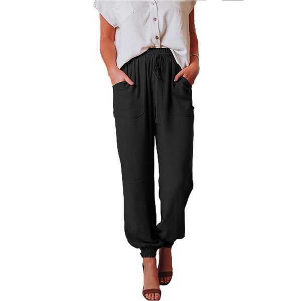 Dam Enfärgad Elastisk Midja Dragsko Joggers Snörning Långbyxor Casual Byxor Black L