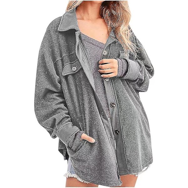 Lös Passform Damjacka Knäppning Polar Fleece Ytterkläder Kappa Med Fickor Grey XS