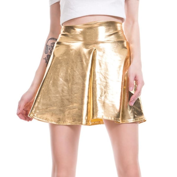Kvinnors A-linje Minikjolar Club Bar Fest PU Läder Hög Midja Blank Scen Miniklänning Gold XL