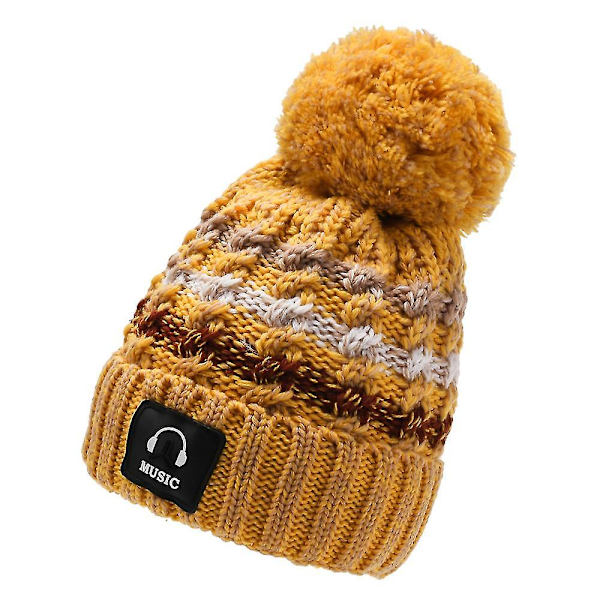 Dame Termisk Strikket Hue Vinter Varm Fleece Foret Pom Pom Ski Hue Yellow