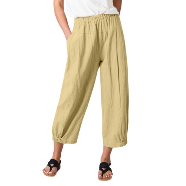 Dam Enfärgad Elastisk Midja Lös Croppad Byxa Sommar Vardaglig Långbyxa Khaki XL