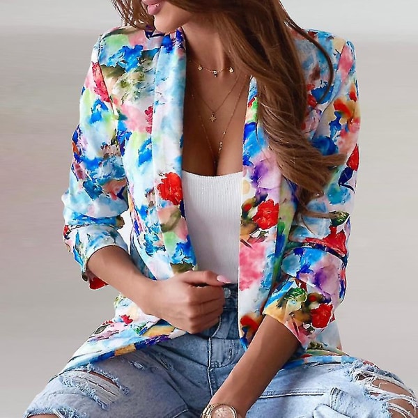 Dame Tie Dye Business Jakker Casual Høstjakke Blomsterprint Blazere Blue L