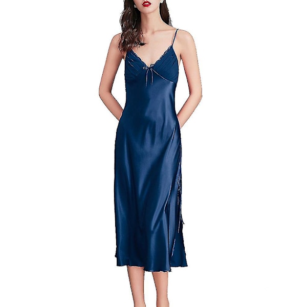 Dam Satin Nattlinnen Lång Chemise Sexig Ärmlös Sidoslits Nattklänning Spaghettiband Sovkläder Blue XS