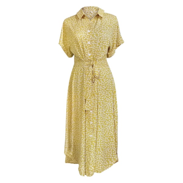 Blommig klänning med knapp för kvinnor Kortärmad sommar midja slimmad klänning för kvinnor semester utomhuskläder Yellow XL
