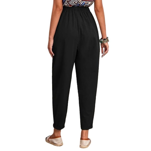 Cropped bukser med elastisk talje, løse, afslappede, lange, ensfarvede bukser Black XL