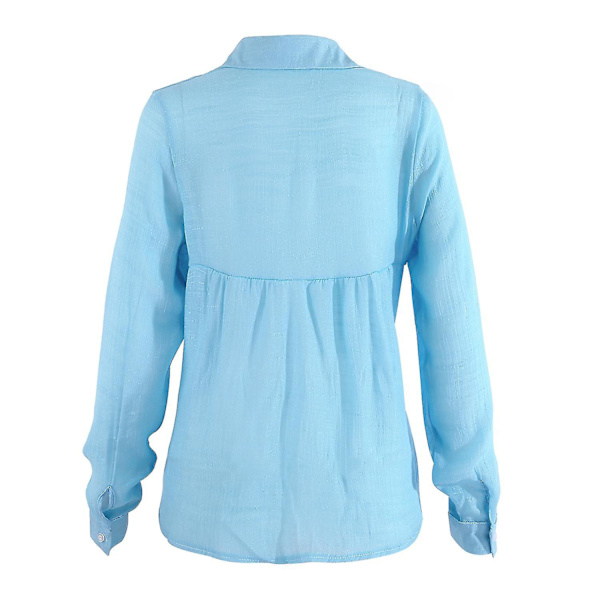 Dam V-ringad T-shirt Långärmad Knäppning Blusar Toppar Blue M
