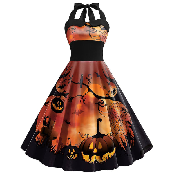 Halloween Damkläder Pumpa Fladdermus Spöke Skelett Tryck Ärmlös Rund Hals Casual Fållklänning COLOR 3 L