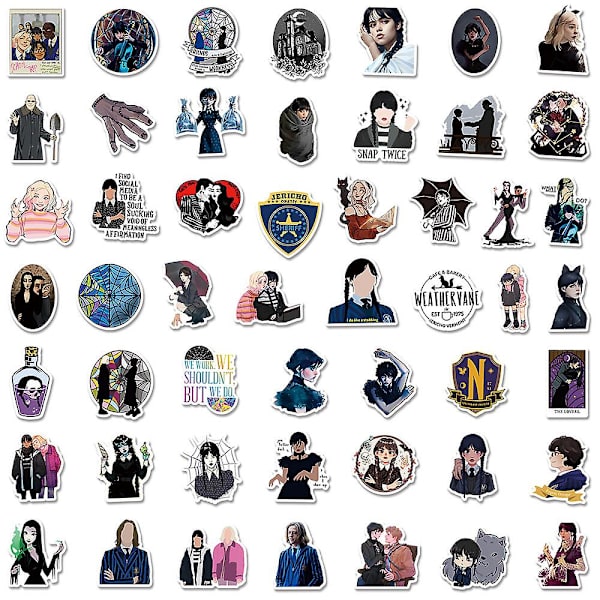 50 kpl Addams Family Wednesday -tarroja, vedenpitäviä matkalaukku-, kannettava-, puhelintarroja, koriste