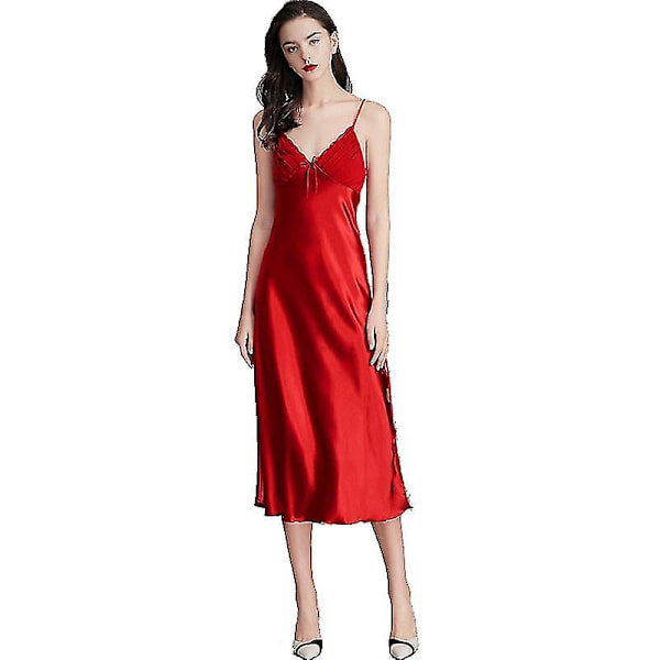 Dam Satin Nattlinnen Lång Chemise Sexig Ärmlös Sidoslits Nattklänning Spaghettiband Sovkläder Red XS