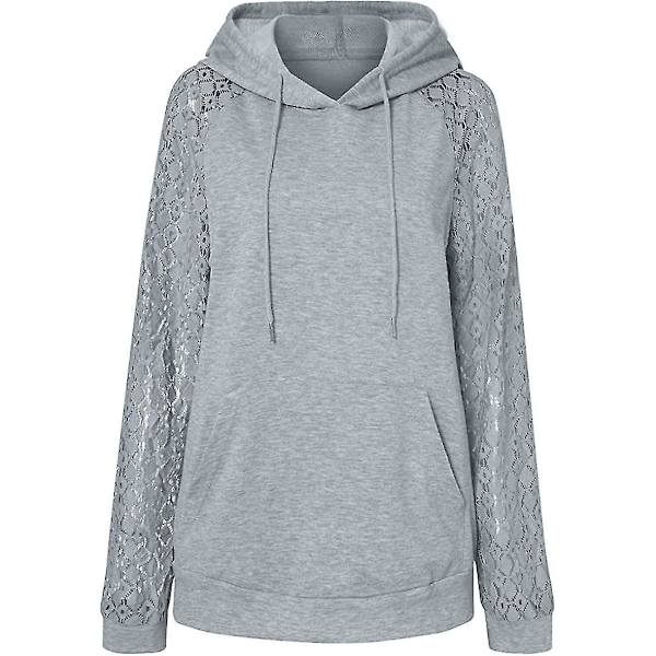 Dame Hættetrøjer Blonde Patchwork Langærmet Hættetrøje Casual Mode Tunika Pullover Stilfuld Elegant Sweatshirt Snøre Jumper Toppe Med Lommer Light Grey M