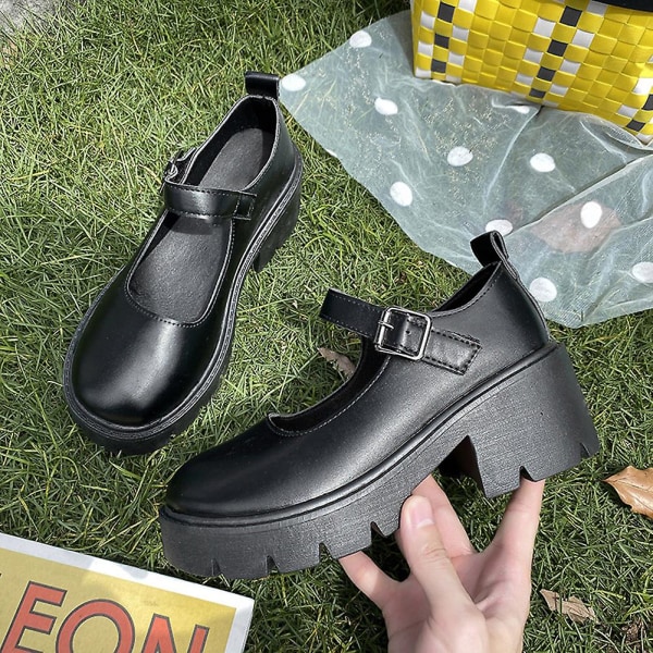 Damespenne Sko i Skinn med Høy Hæl, Slitesterke Sko med Rund Tå for Daglig Bruk 38 Bright Leather Black