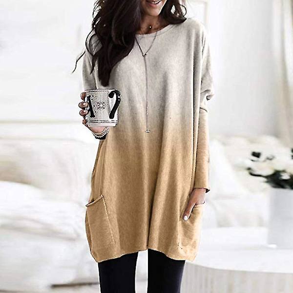 Løse, avslappede langermet topper for kvinner, genser, bluse, T-skjorte med lommer, pluss størrelse Apricot XL