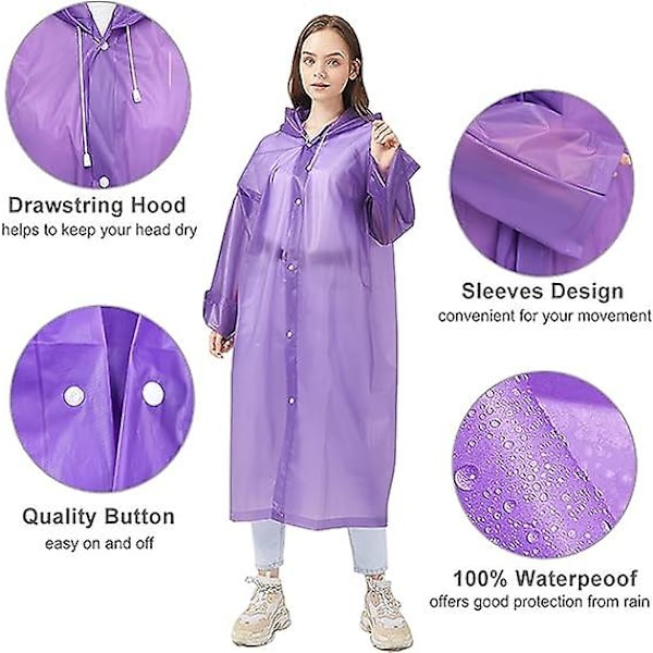 Genanvendelig regnfrakke til voksne, unisex nødregnfrakke, regnfrakke med hætte og snøre purple M