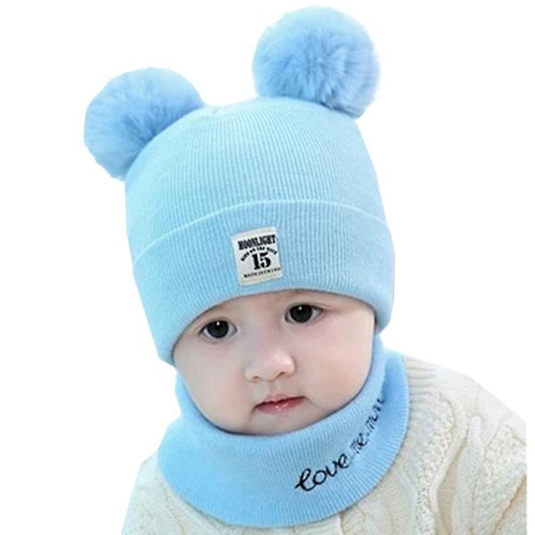 Baby Barn Pojke Flicka Päls Pom Pom Mössa Halsduk Set Tofs Vinter Stickad Mössa Sky Blue