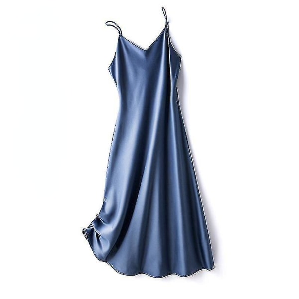 Kvinnors satin faux silke klänning axelbandslös underklänning nattlinne sexig A-linje lång Blue 2XL