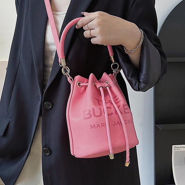 Dame Bucket Taske Pu Læder Justerbar Snøre Håndtaske Tote Crossbody Skuldertaske Pink