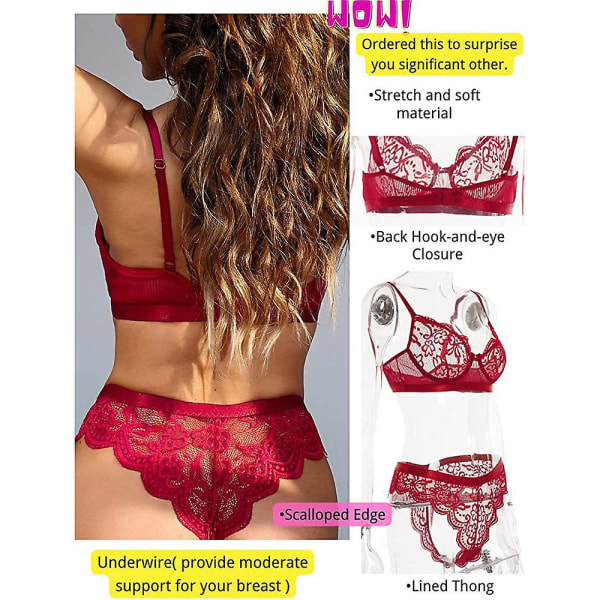 Dame Sexy Gjennomsiktig Blondeundertøysett BH Høy Midje String Undertøy Nattøy Wine Red L