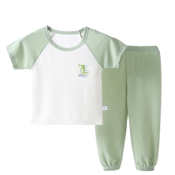 Sommar Barn Kortärmad Pyjamas med Långa Byxor Hudvänliga Sovkläder för Barn Pojke Flicka Raglan Green 140cm