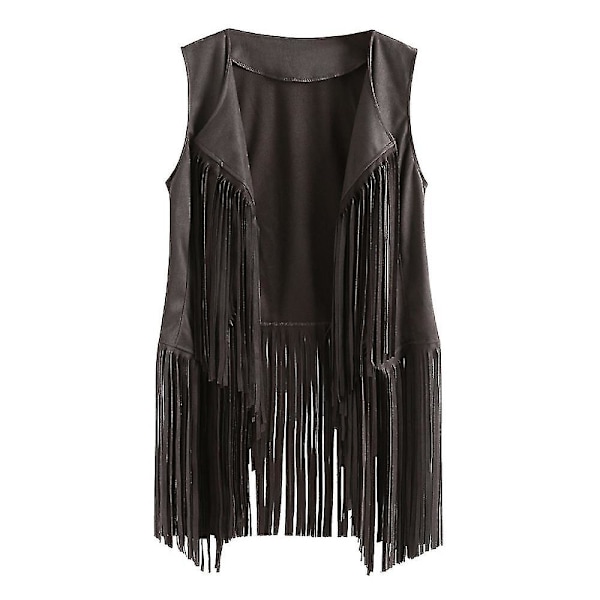 1970'er Dame Tassel Ærmeløs Revers Vest 70'er Hippie Faux Suede Frynset Veste Jakke Cardigan Grey 2XL