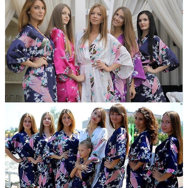 Damblommigt printed mjukt satin Kimono Morgonrock Bröllop Morgonrock Sovkläder Navy Blue L