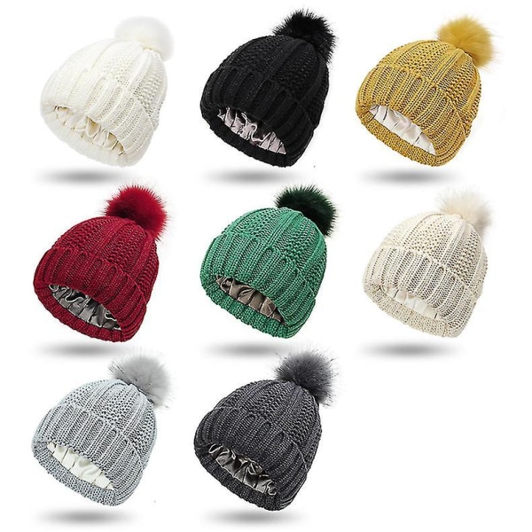 Vinterstrikket lue for kvinner med fuskepelsdusk, satengforet varm strikket skull cap burgundy
