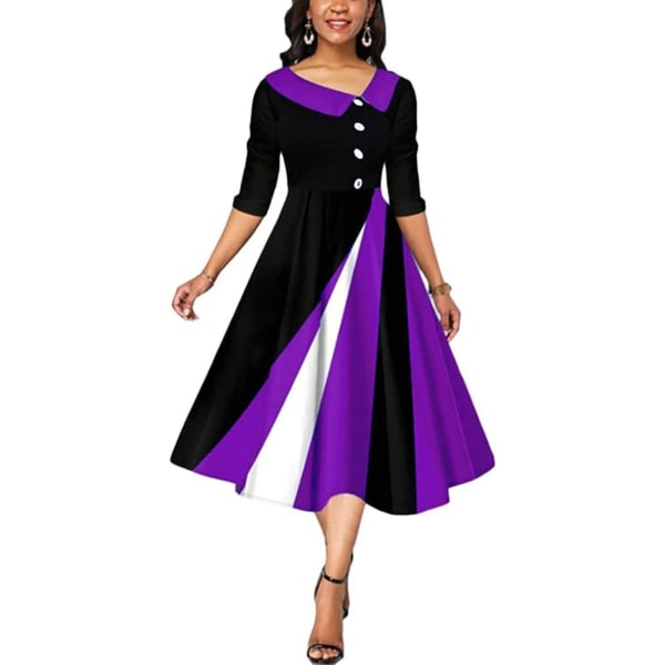 Elegant lappekjole for kvinner med knapper, knelengde swingkjole, egnet for kvinner i hverdagen Purple XL