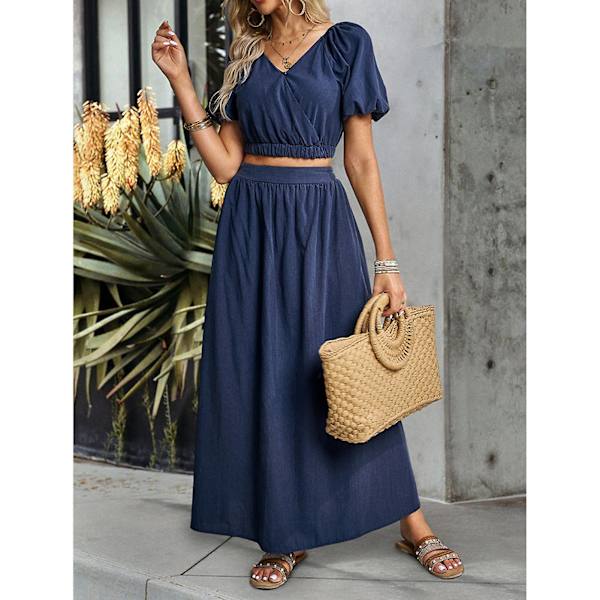 Lös Midi Klänningsset för Dam, Tröja med V-ringning, Set för Vardagligt Hemmabruk Navy Blue M