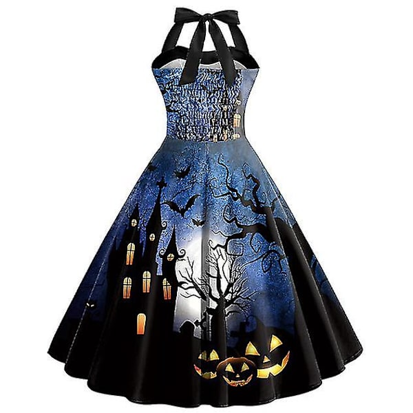 Halloween Dame Græskar Flagermus Spøgelse Skelet Print Ærmeløs Rund Hals Afslappet Kant Kjole COLOR 2 M