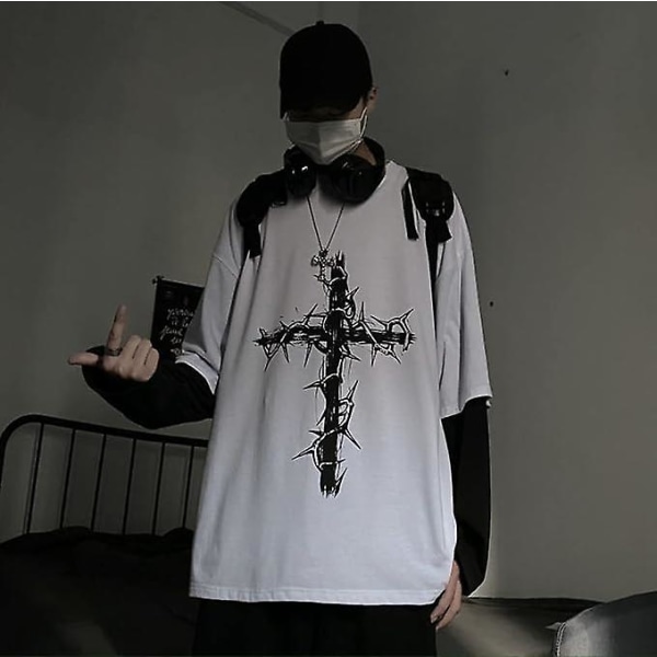 Herr Dam Gotisk skjorta Y2K Emo Grunge Alt Vintage Långärmad T-shirt Dark Academia Harajuku Cross Sweatshirt Kläder White L