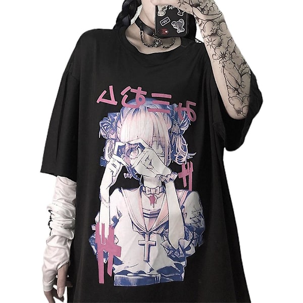 Naisten goottityylinen T-paita Anime Esteettinen Painatus Y2k Harajuku Katumuoti Kesä Rento Pyöreä Kaula-aukko Löysä Pussimainen Toppi 2XL