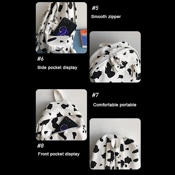 Ryggsäck med komönster i koreansk stil, portabel, lätt reseväska för gymnasie- och högskolestudenter Cow Pattern