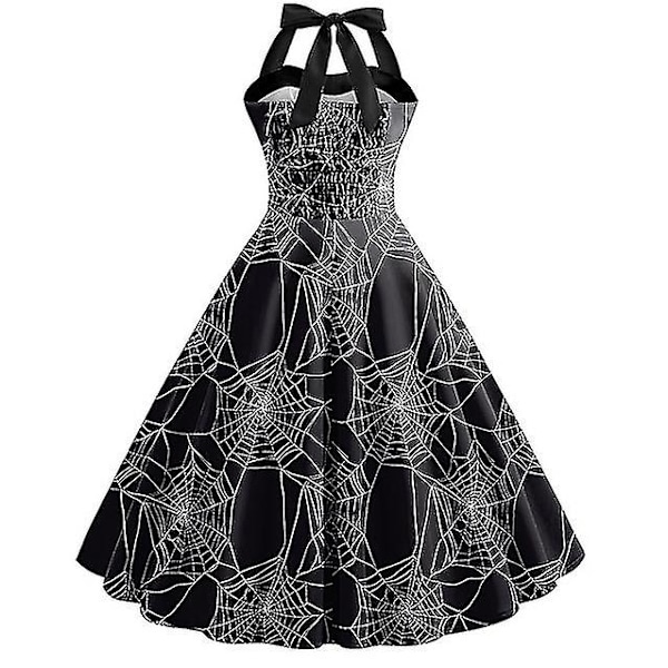 Halloween Dame Græskar Flagermus Spøgelse Skelet Print Ærmeløs Rund Hals Afslappet Kant Kjole COLOR 1 XL