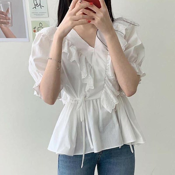 Dame Blonde Bluse Flæse Skjorte Top Peplum Pufærme V-hals Retro-3 White M(UK 8)