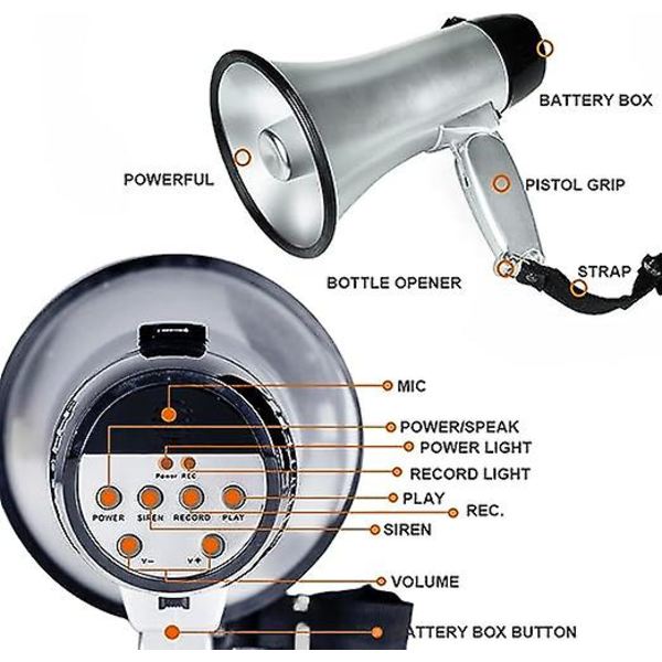 Bærbar Megafon Bullhorn 20 Watt Effekt Megafon Høyttaler Stemme Og Sirene/alarm Moduser Med Volumkontroll Og Stropp silvery