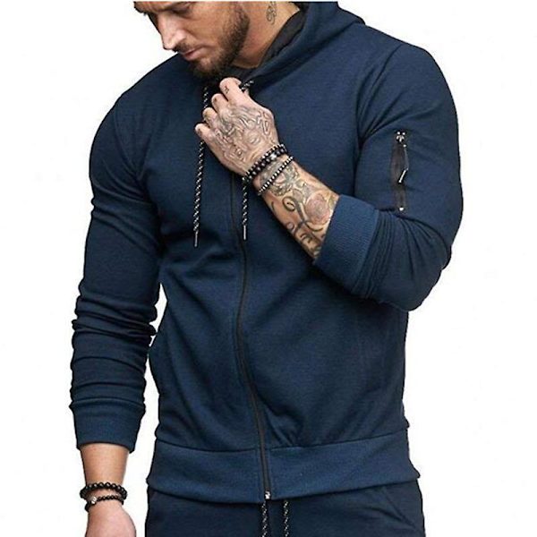 Herre Hættetrøje Lynlås Hættetrøje Vinter Sport Jogging Trøjer Toppe Navy Blue L