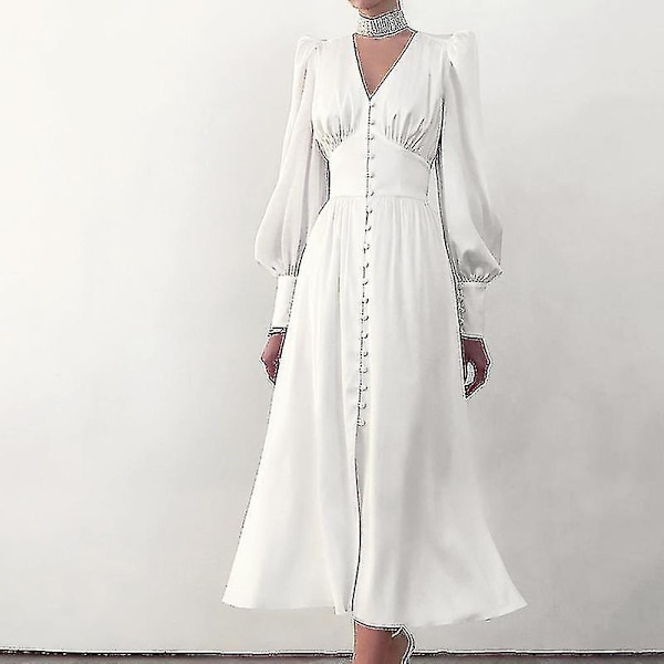 Satengkjole Dame Design Lanternermer Ermer Smal Midje Europa Og USA Temperament Slank Lang Kjole white L