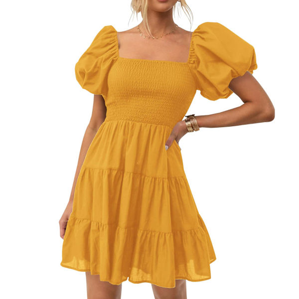 Dame Sommer Firkantet Hals Pufærme Off Shoulder Afslappet Kort Mini Kjole yellow L