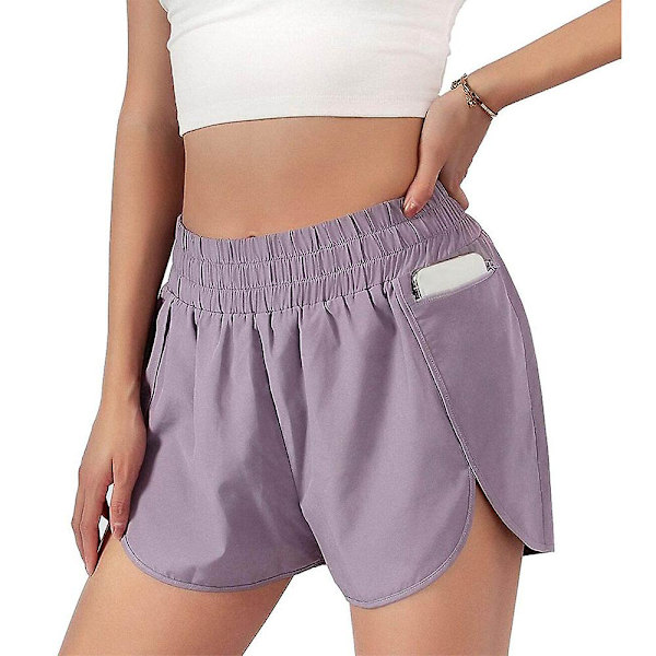 Elastiska lager-på-lager yogashorts för dam, sommar, lediga, lösa, enfärgade sportshorts Purple L