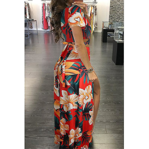 Dame V-hals Ferie Nederdel Sæt Print Crop Top Og Nederdele 2-delt Sæt Høj Talje Dragt Red Yellow S