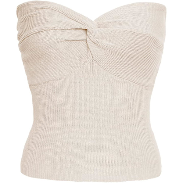 Naisten olkaimeton crop top seksikäs sydänpääntie ribbineulottu kierretty solmu edessä hihaton Camisoletanks toppi beige M