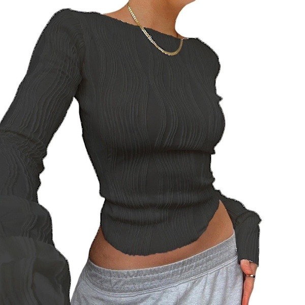 Dame Høst Casual T-skjorte Sexy Slim Crop Topp Bluse For Utendørs Dating Shopping Black M