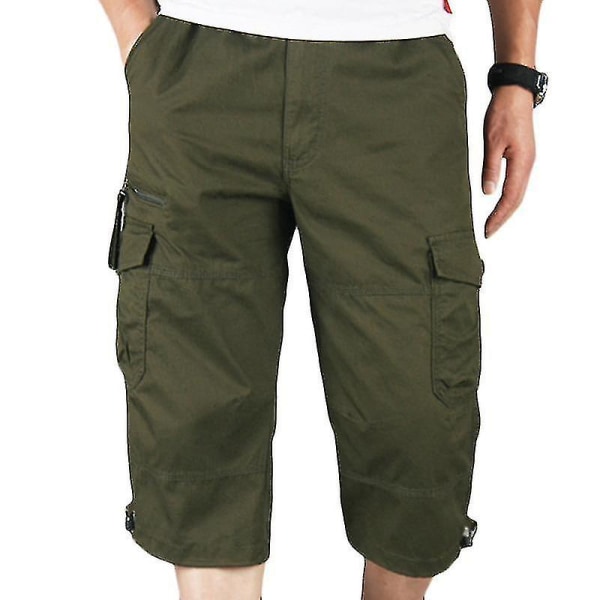 Miesten 3/4 pitkät joustavavyötäröiset shortsit Cargo Combat kolmeneljänneshousut Army Green L