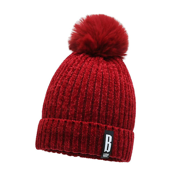 Dam Plus Sammet Pompom Stickad Mössa Vinter Varm Utomhus Ull Skidmössor Hatt Wine Red