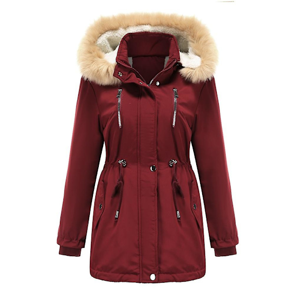 Tykk hetteparkas for kvinner, vindtette fleeceforede jakker med lommer Wine Red M
