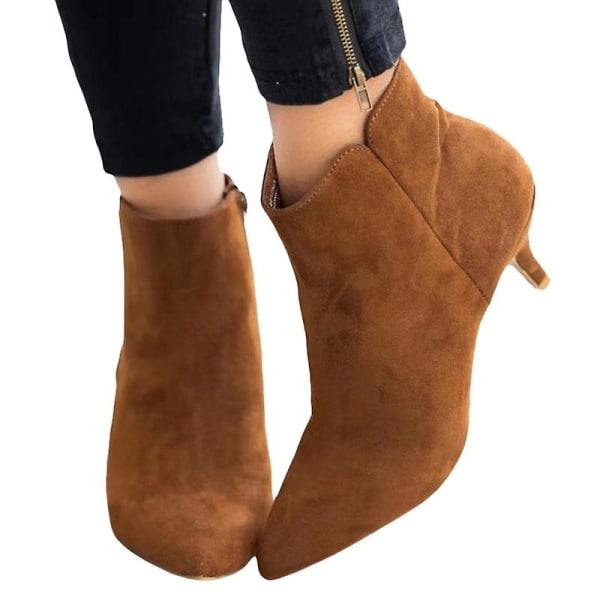 Dam Zipper Ankle Booties Låga Kitten Heels Spetsiga Tår Skor Coffee 42