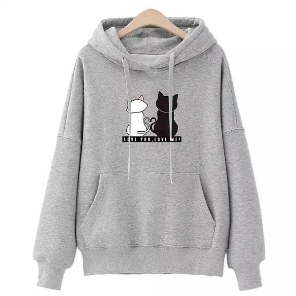 Dame Fleeceforet Hættetrøje med Katteprint, Afslappet Løs Varm Vinter Hættetrøje med Snøre, Pullover Toppe Grey M