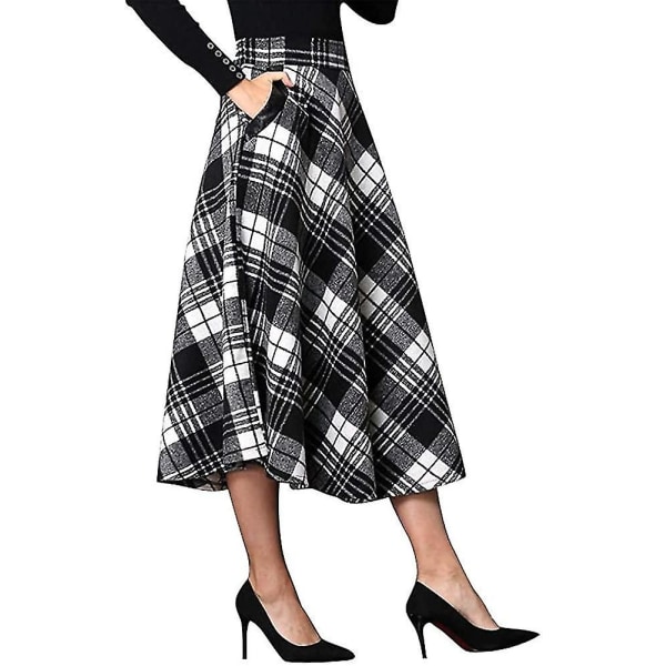 Dam Hög Elastisk Midja Maxi Kjol A-linje Rutig Varm Vinter Utsvängd Lång Kjol L Mid-calf Black*white Small