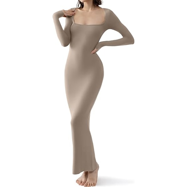 Kvinders firkantet hals langærmet maxikjole blød lounge ribstrikket bodycon kjole til kvinder khaki M khaki m