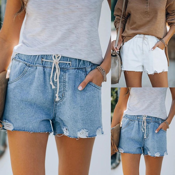 Dame Denimshorts med elastisk talje og snøre, slidte og flossede sommer shorts hotpants Light Blue M