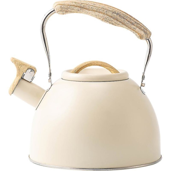 Fløytekjele for komfyrtopp, tekjele i rustfritt stål med trestrukturert sammenleggbart håndtak for gasskomfyr induksjon, 3l Beige White